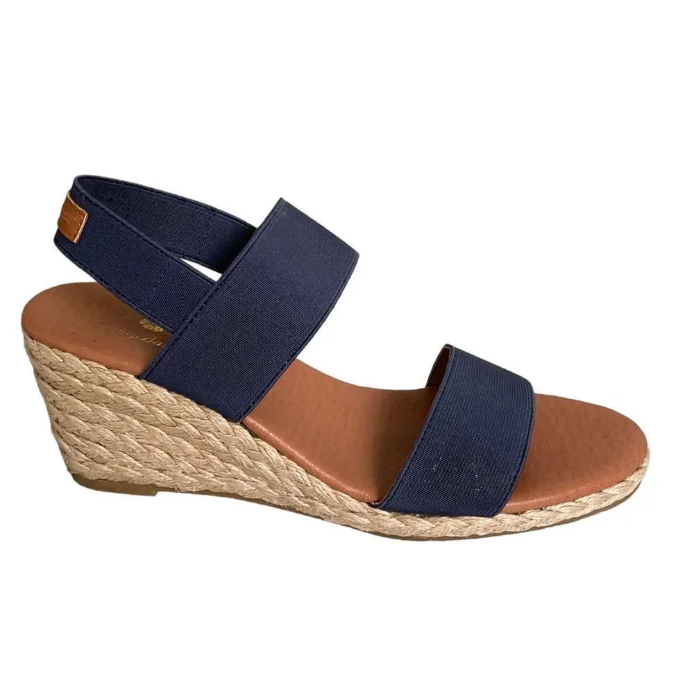 TOMMY BAHAMA Elastic Wedge Espadrilles Sandals Blue Tan 9
